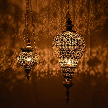 Westcharm Antique Silver Moroccan Lantern - Elegant Metal Hanging Pendant Light for Indoor/Outdoor Use - Small Size