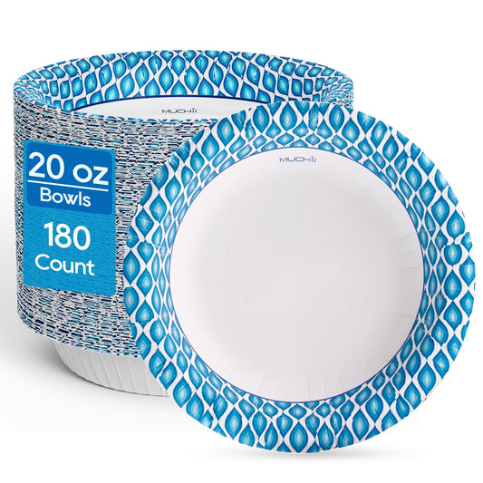 MUCHII 20 Oz Paper Bowls 180 Count Disposable Bowls, Printed Soak Proof Large Bowls for Breakfast, Lunch, and Dinner Meals