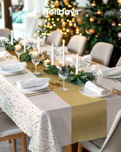 Pureegg Disposable Plastic Tablecloths - 10 Pack, 54 x 108 Inch, Sturdy & Leakproof, White Gold for Graduation Parties