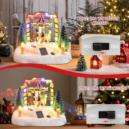 Bdor Christmas Carousel Decoration - Lighted Musical Merry-Go-Round with Reindeer & Trees - 7.5"x5.5"x6" Holiday Centerpiece