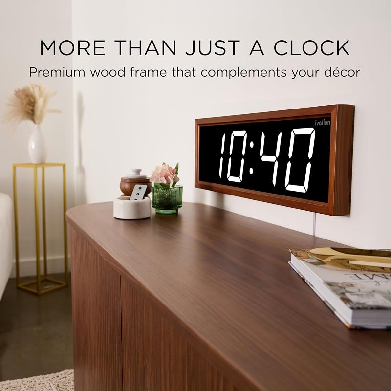 Ivation Large Digital Wall Clock, Big LED Display & Stylish Wood Frame, 18"
