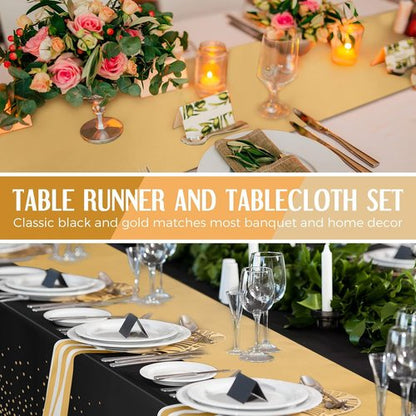 Breling 24-Pack Black and Gold Disposable Tablecloths & Satin Runners - 54" x 108" & 12" x 108" for Events