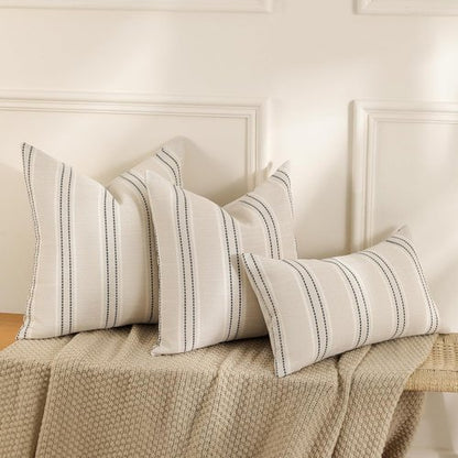 Hckot Throw Pillow Covers - Set of 2 Textured Linen Striped Decorative Cushions | 20x20 Inches, Grey