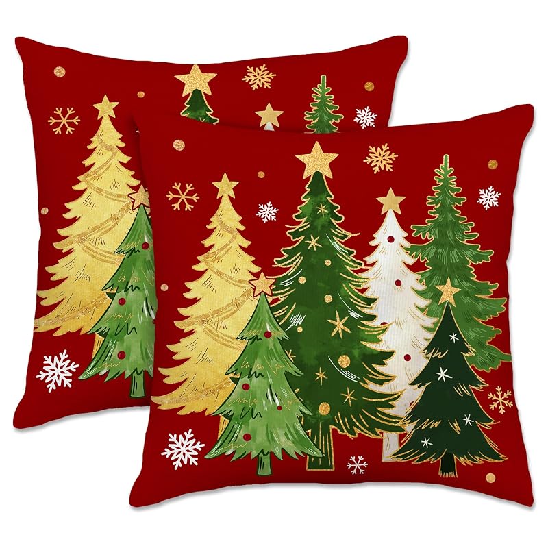 Pinata Xmas 18x18 Pillow Covers Set of 2 - Christmas Tree, Red Bird & Star Decor (Variation of THIS listing: Xmas 1818-2-tree Red+18" x 18")