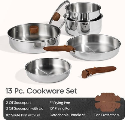 CAROTE 13 PCS Tri-Ply Stainless Steel Cookware Set - Induction Ready with Detachable Handles | Oven Safe Pots & Pans