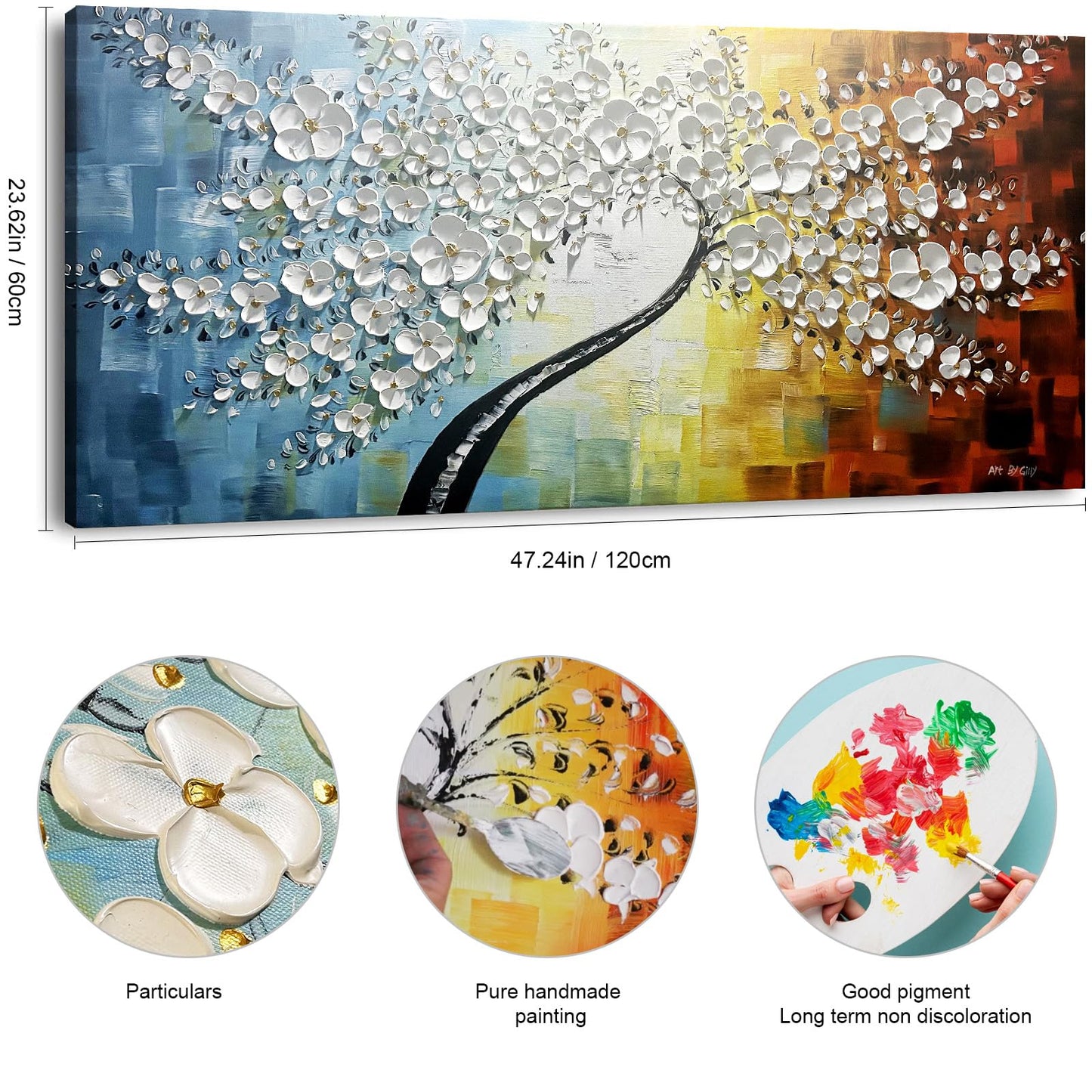 NEATKA 100% hand-painted Modern Hand Painted Abstract Lucky Tree Canvas Art Golden Flower 3D Oil Painting Canvas Modern Home Interior Decor Abstract Art 3D Flowers Paintings Ready to hang 24x48inch