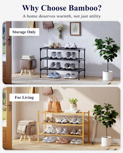 Kitsure Bamboo Wooden Shoe Rack - Stackable Organizer for Space-Saving Entryway, 26.8" x 11" x 18.9", Natural