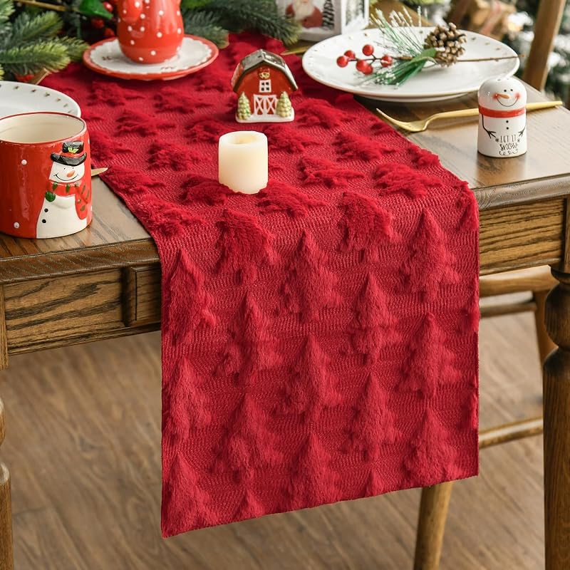 Artoid Mode Red Plush Christmas Table Runner 13x36 Inch — Faux Fur Jacquard Xmas Decor, Holiday Kitchen Dining
