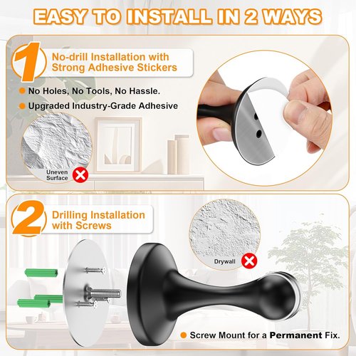 Crosize Magnetic Door Stoppers - Stainless Steel Wall & Floor Mount Door Holders | No Drill, 2 Pack, Black