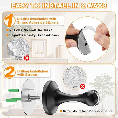 Crosize Magnetic Door Stoppers - Stainless Steel Wall & Floor Mount Door Holders | No Drill, 2 Pack, Black