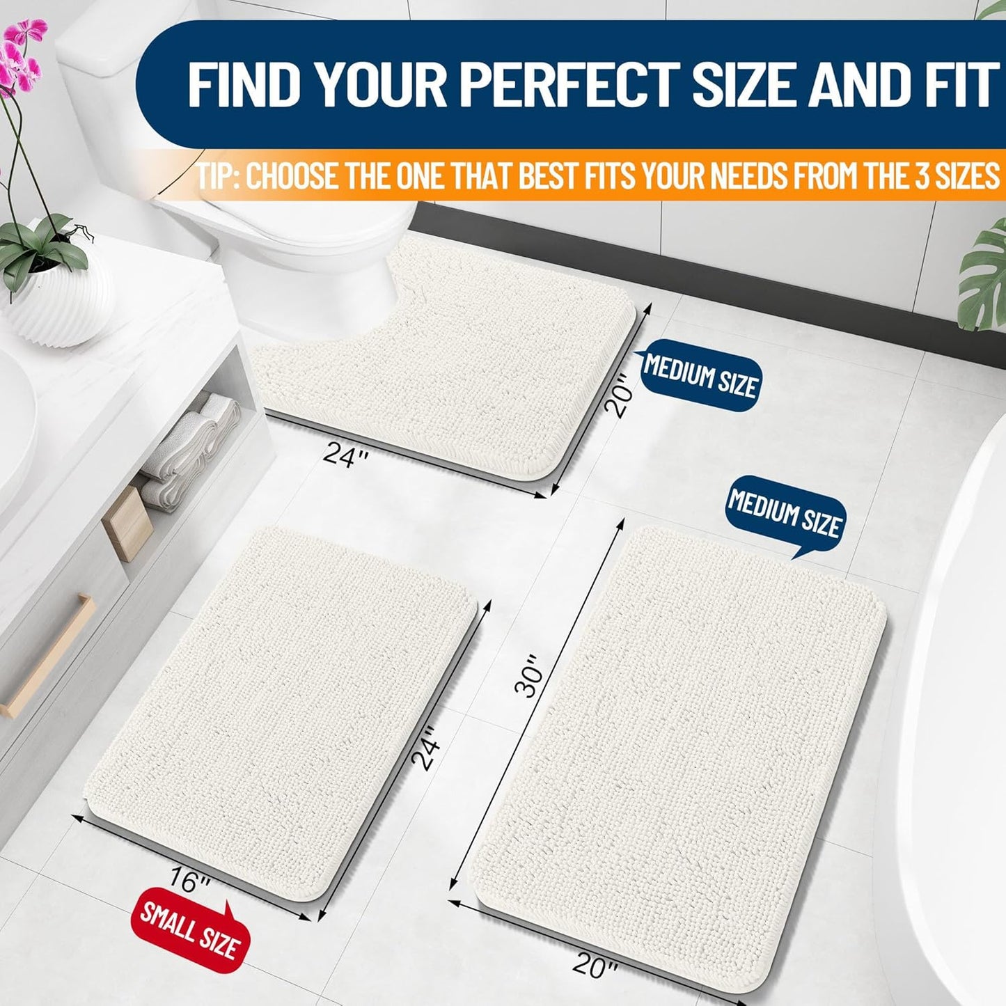 OLANLY Bath Rugs - Extra Soft Chenille, Quick-Dry & Machine Washable | 24x16 Inches, Ivory