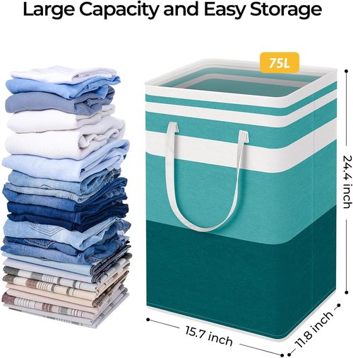 HomeHacks Large Waterproof Laundry Basket - Collapsible Tall Hamper with Extended Handles (75L, Green)