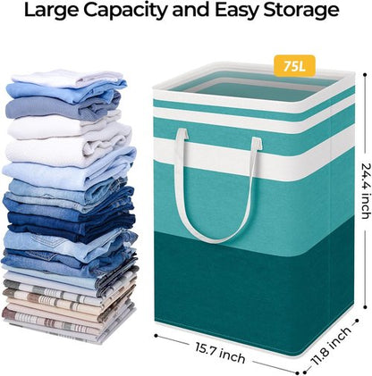 HomeHacks Large Waterproof Laundry Basket - Collapsible Tall Hamper with Extended Handles (75L, Green)