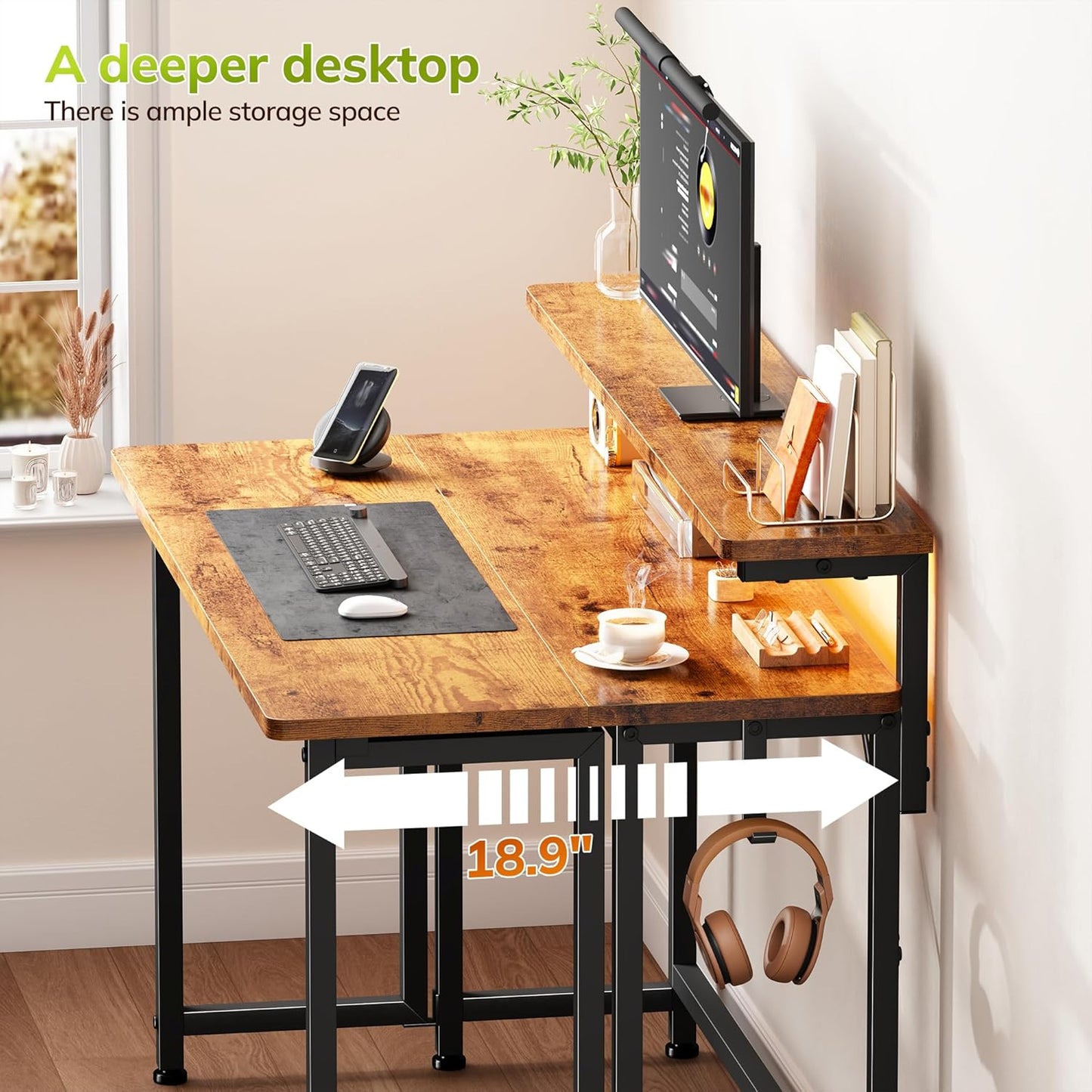 DurayLoly Folding Desk - Compact Computer Desk with Monitor Stand & LED Lights | 31.5 Inch Rustic Brown
