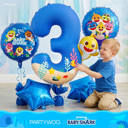 PartyWoo Baby Shark Blue Foil Number 3 Balloon - 5pcs 18-Inch Round Mylar Helium Birthday Decorations for Kids