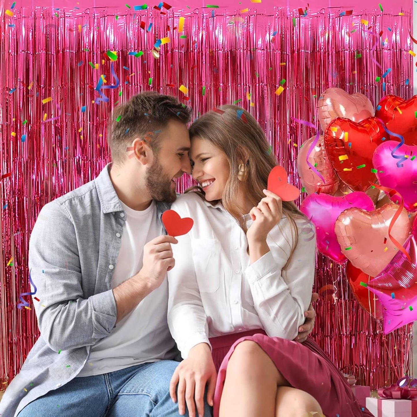 Valentines Day Party Decorations | Hot Pink Foil Fringe Curtains - 3 Pack, 3.2x8.2ft Backdrop