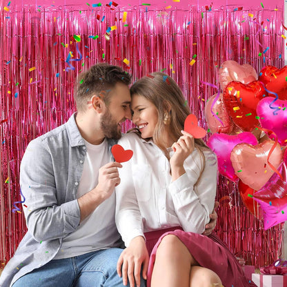Valentines Day Party Decorations | Hot Pink Foil Fringe Curtains - 3 Pack, 3.2x8.2ft Backdrop