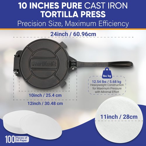 10 Inch Cast Iron Tortilla Press by StarBlue with FREE 100 Pieces Oil Paper and Digital Recipes e-book - Tool to make Indian style Chapati, Flour Tortilla, Roti
