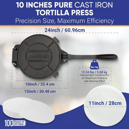 10 Inch Cast Iron Tortilla Press by StarBlue with FREE 100 Pieces Oil Paper and Digital Recipes e-book - Tool to make Indian style Chapati, Flour Tortilla, Roti