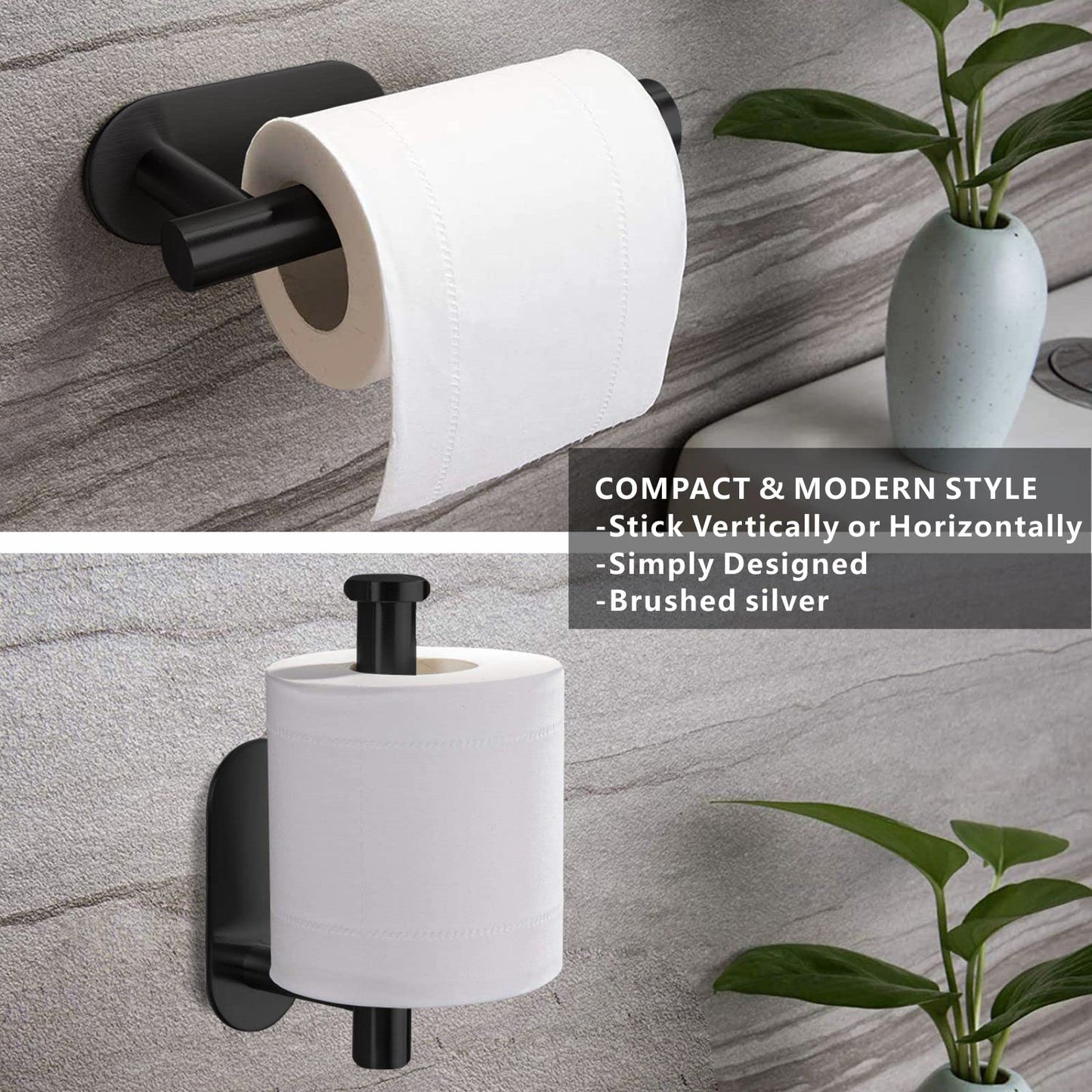 Toilet Paper Holder Self Adhesive, Eolax Toilet Roll Holder no Drilling for Bathroom Washroom, Tissue Roll Holders Wall Mount, Stainless Steel (Black)