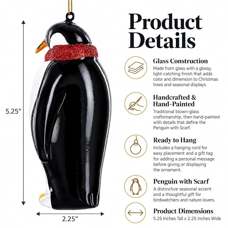 Penguin with Scarf Glass Christmas Ornament