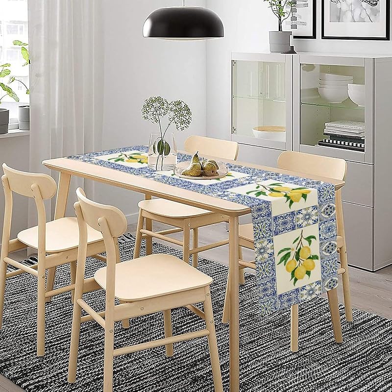 Lemon & Blue Tiles Table Runner 13x60in - Cotton Linen, Reusable Picnic & Dining Decor - Variation Lemon-7+W13"x L60"