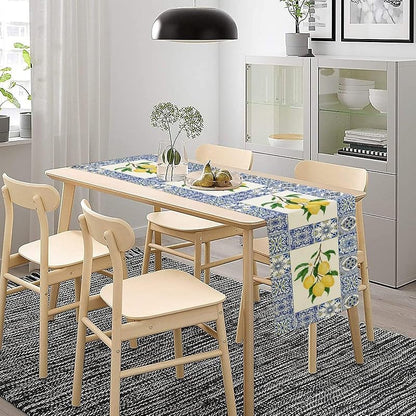 Lemon & Blue Tiles Table Runner 13x60in - Cotton Linen, Reusable Picnic & Dining Decor - Variation Lemon-7+W13"x L60"