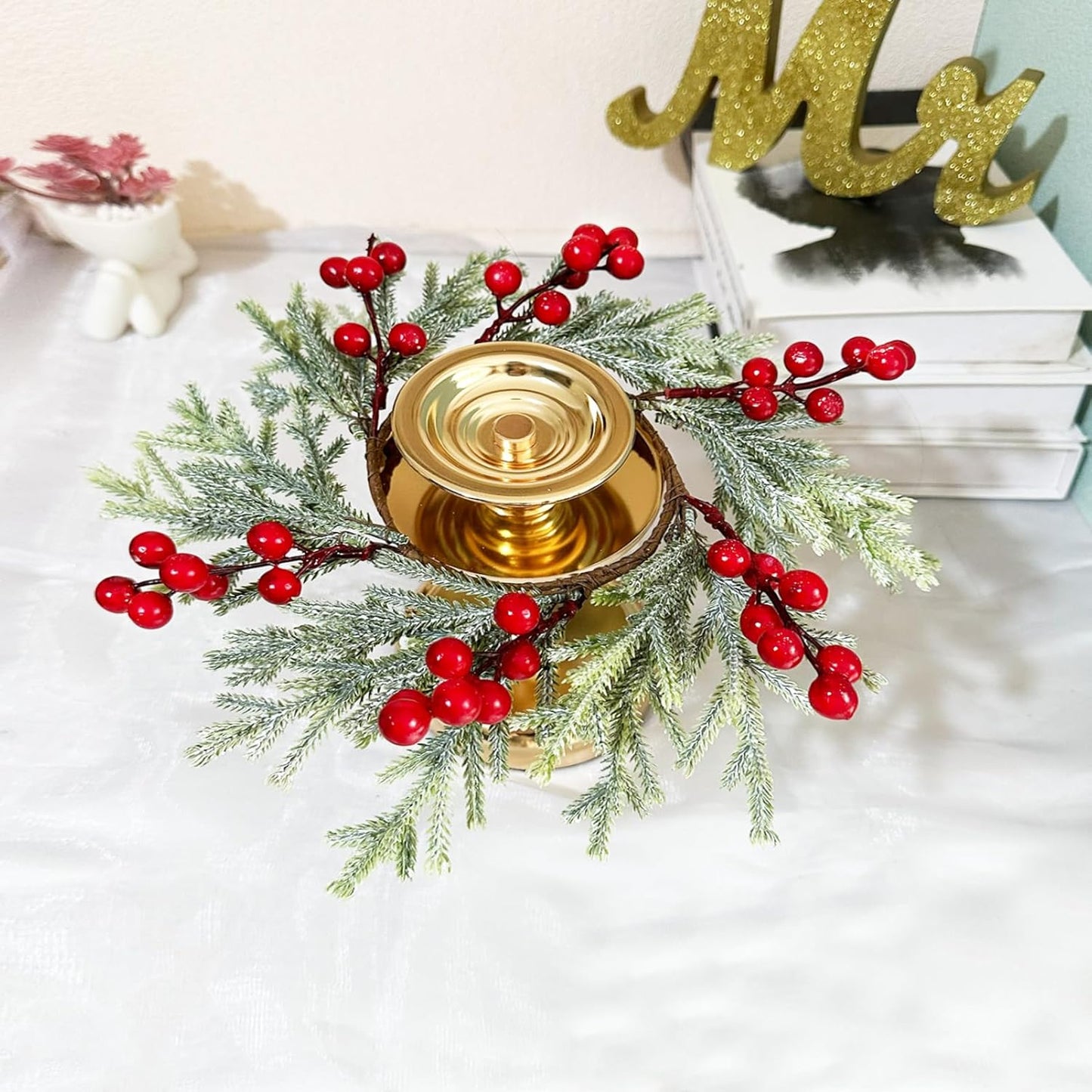 Skiennix Christmas Wreath Candle Rings - 2pcs Artificial Cedar & Cypress with Red Berries | Holiday Table Decor