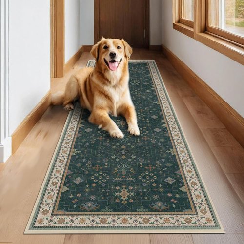 Hazo Haus Dark Green Kitchen Runner Rug - Modern Vintage Boho Floral Pattern, 2x8 ft Non-Slip, Washable