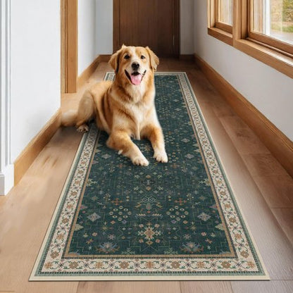 Hazo Haus Dark Green 2x8 Non Slip Kitchen Runner Rugs - Modern Vintage Boho Eclectic Floral Pattern, Washable Low Pile Non-Slip 8ft Long Runner Rugs for Hallway, Entrance