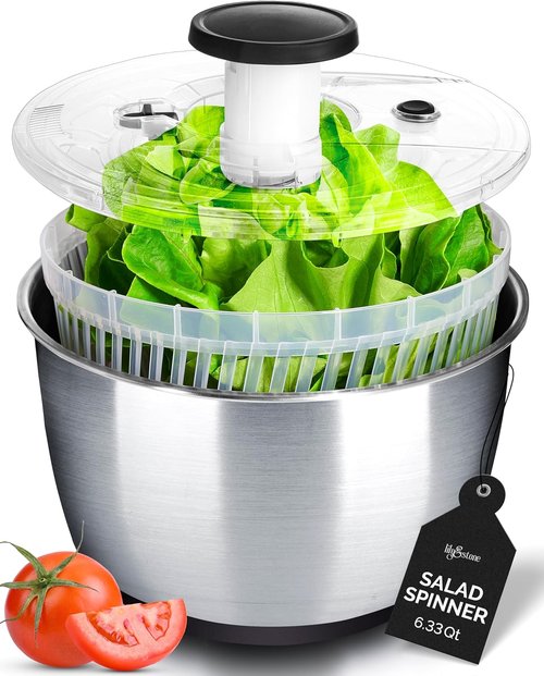 Lily&Stone Large Stainless Steel Salad Spinner - Quick Multi-Use Lettuce Dryer & Fruit Washer | 6.33 Qt