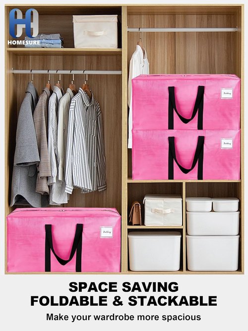 4 Pack Large Moving Bags by [Brand Name] - Water-Resistant Heavy Duty Storage Totes - Space-Saving Design (Pink)