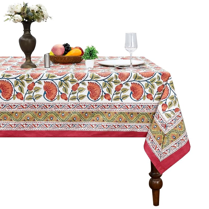 72x72 Inches Square Hand Block Printed Cotton Tablecloth - Red, Yellow Floral, Indian Table Linen