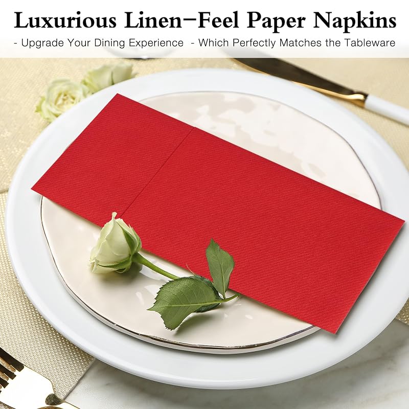 Disposable Linen-Feel Napkins with Built-In Flatware Pocket, Red 50 Count