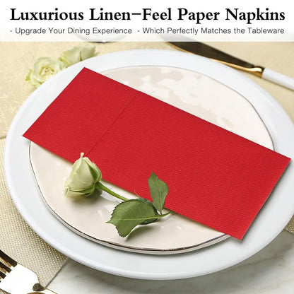 Disposable Linen-Feel Napkins with Built-In Flatware Pocket, Red 50 Count