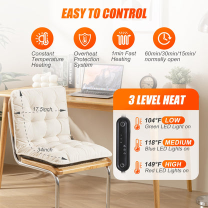 Suchtale Heated Seat Cushion USB Rechargeable Corduroy Heating Seat Cover with 3-Temperature Control & Timer Full Back Heating Pad Heated Chair Cushion with Fast-Heating for Office/Home Chair, White