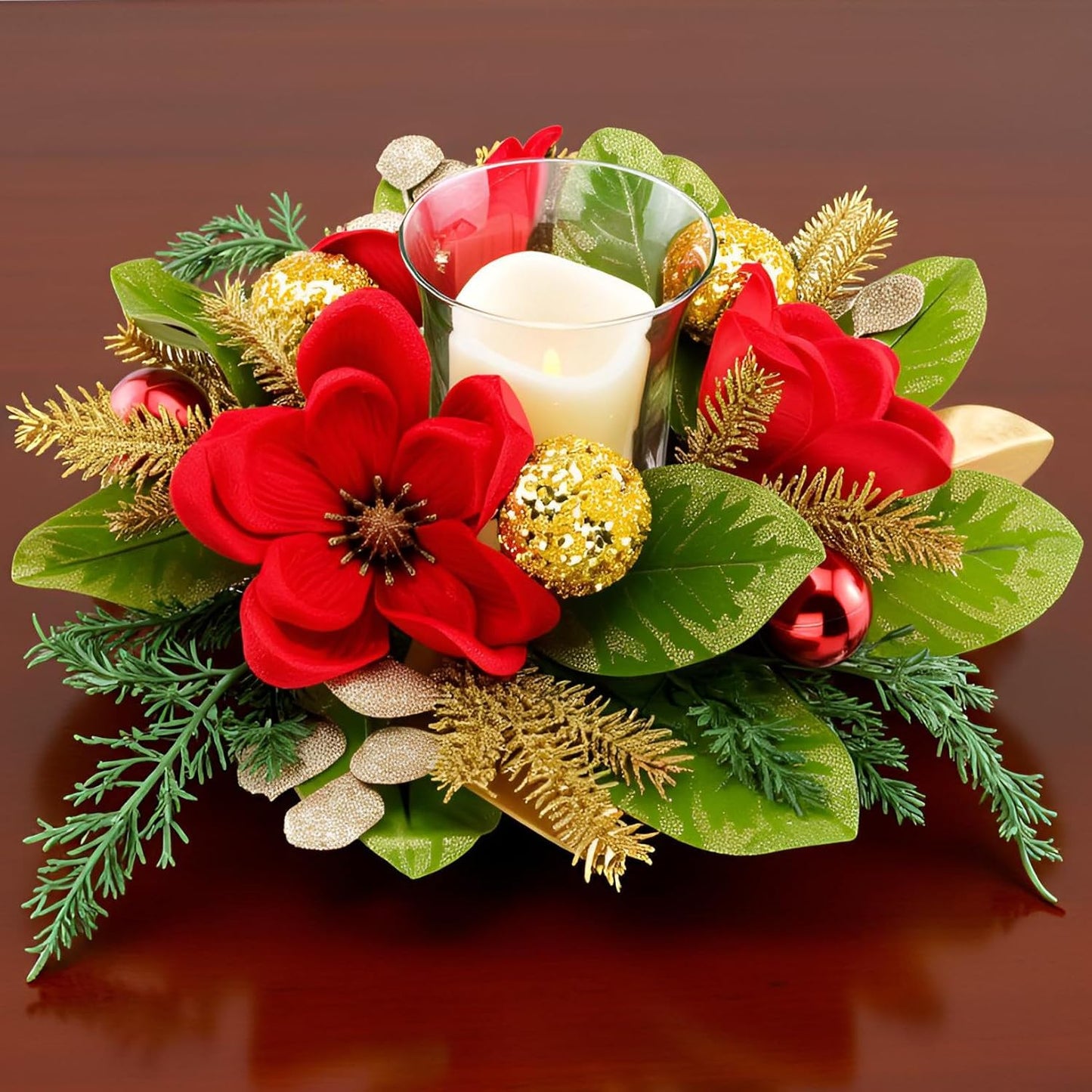 Regine Switzerland 18" Centerpiece - Flameless LED Candle Holder with Red Magnolia & Gold Baubles