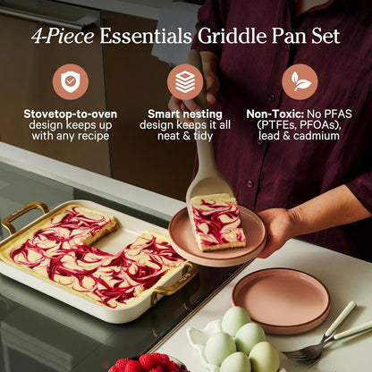 Our Place Essentials 4-Piece Griddle Pan Set - Nonstick Standard & Mini with Silicone Mats | PFAS-Free, Oven Safe, Versatile | Cream