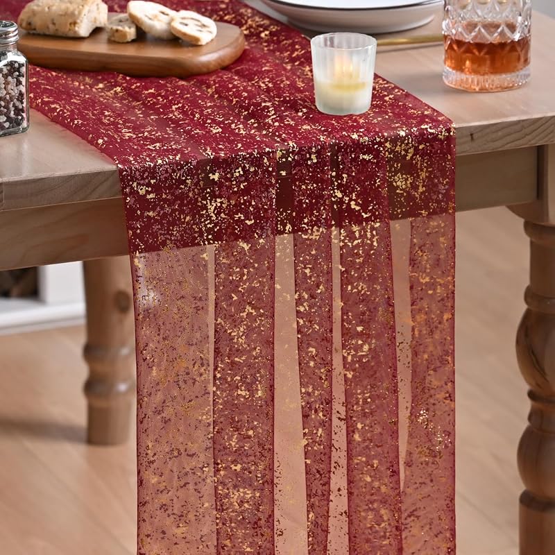 Artoid Mode Burgundy Gold Gauze Table Runner 120 Inch - 28 x 120 in, Glitter Foil