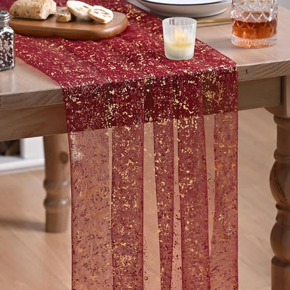 Artoid Mode Burgundy Gold Gauze Table Runner 120 Inch - 28 x 120 in, Glitter Foil