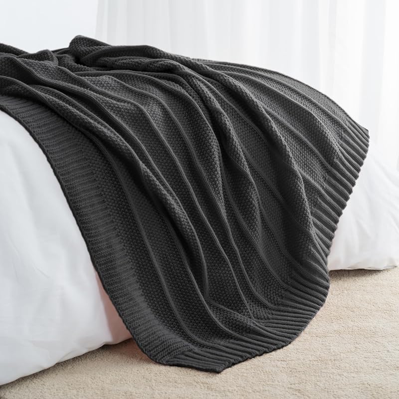 Carriediosa Dark Grey Knit Throw Blanket 60 x 80 with Cable Knit & Stripe Design