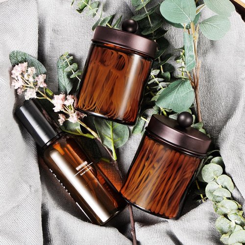 Amber Glass Qtip Holder - Apothecary Jar Set with Brown Metal Lid | Bathroom Storage Organizer (3 Pack, Bronze)