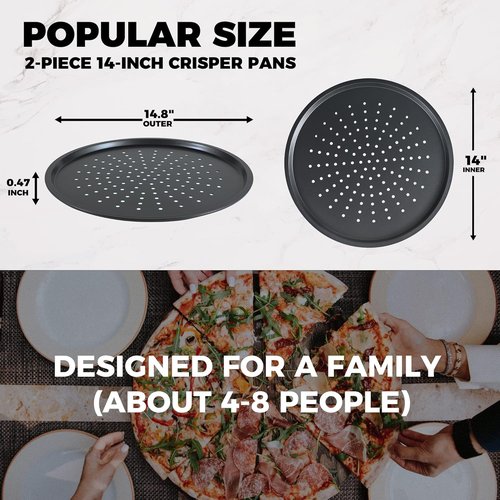 HONGBAKE 14.8-Inch Non-Stick Pizza Pan Set - Perforated Carbon Steel for Crispy Homemade & Frozen Pizza | Grey