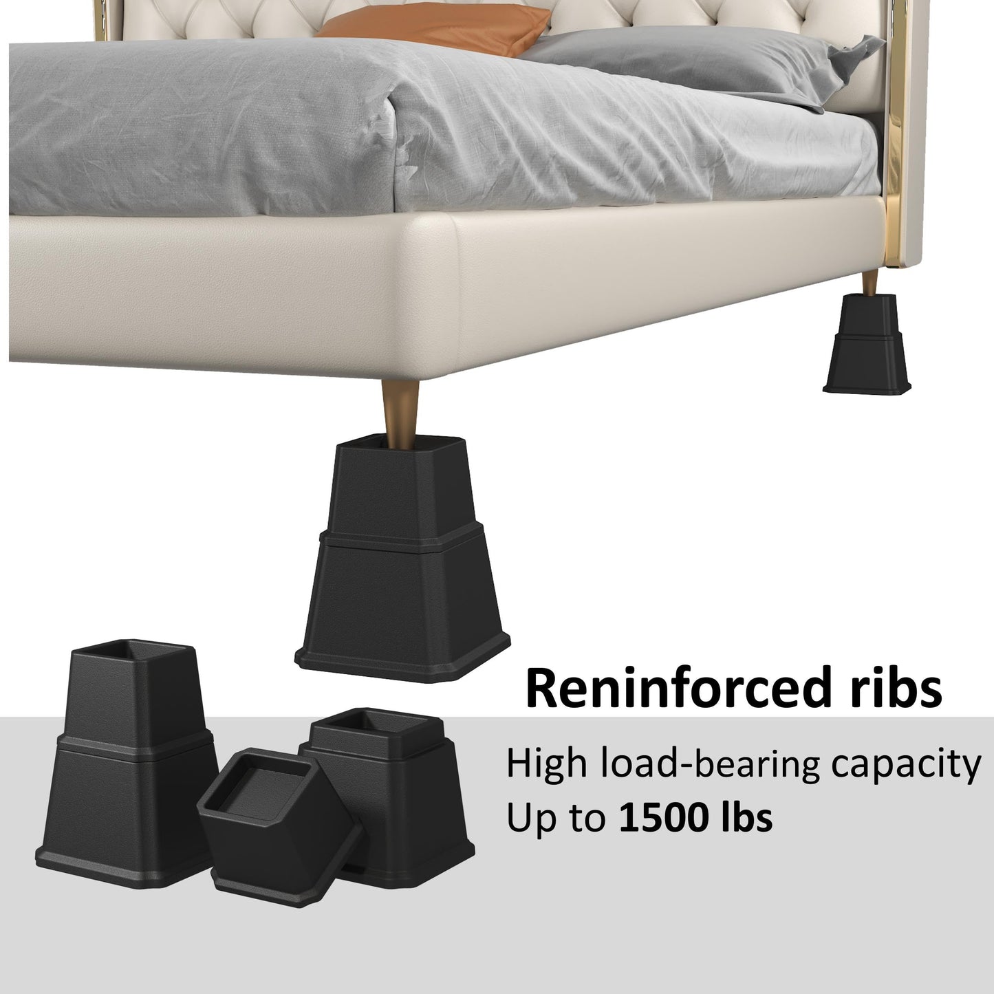 Napnapday Bed Risers 6 inch Heavy Duty in Adjustable Heights of 6, 4 or 2 Inches Bed Elevators, 1,500 lbs Lifts Up Furniture Riser for Sofa and Table Set of 4, Black