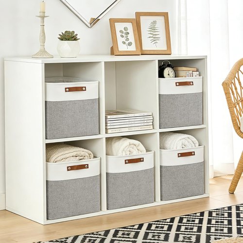 Bagnizer 13x13 Cube Storage Bins - Collapsible Fabric Boxes for Organizing Toys, Clothes | 4 Pack (Grey & White)