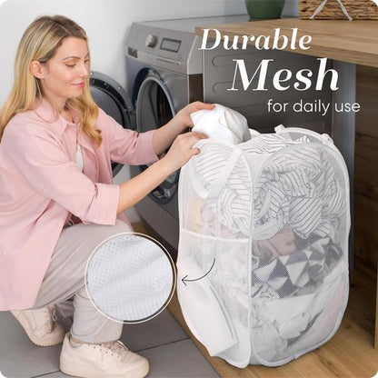 Handy Laundry Collapsible Mesh Pop-Up Hamper - Space-Saving 2-Pack with Wide Opening & Side Pocket | Durable & Breathable (White)