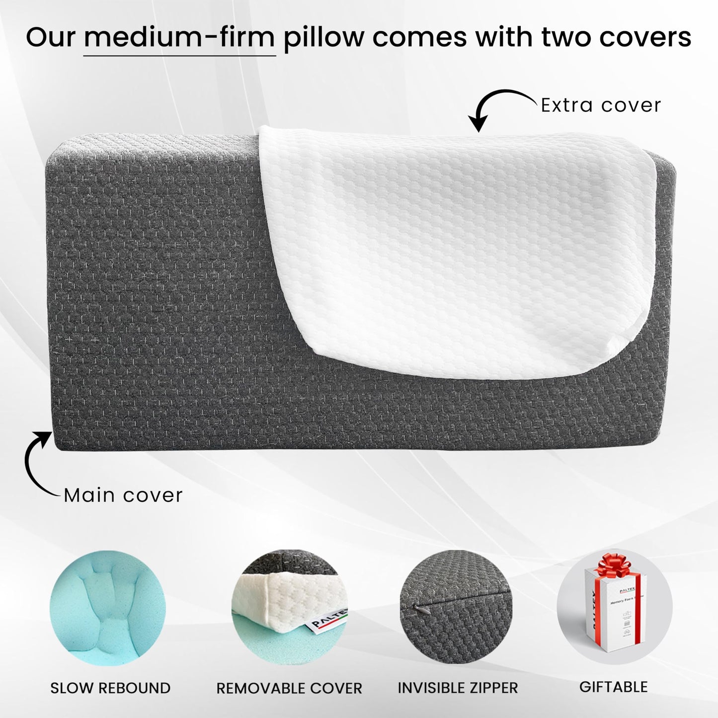 PALTEX Memory Foam Cube Pillow for Side Sleepers – 24x12x4in Include Two Pillowcases White & Gray - Medium Firm Pillow for Neck and Shoulder Pain – Memory Foam Pillow Cube for Side Sleeping