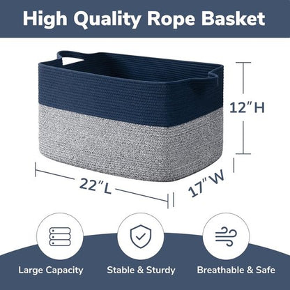 Goodpick Large Woven Blanket Basket - Decorative Cotton Rope Storage for Living Room | 22" x 17" x 12" | Mixed Blue