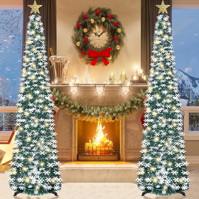 5 ft Pop Up Christmas Tree with Lights – Collapsible Tinsel Pencil Tree with Snowflake Ornaments