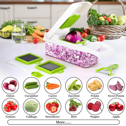 Vegetable Chopper, Pro Onion Chopper, 14 in 1Multifunctional Food Chopper, Vegetable Slicer Dicer Cutter,Veggie Chopper With 8 Blades,Carrot and Garlic Chopper With Container，Colander Basket (White)